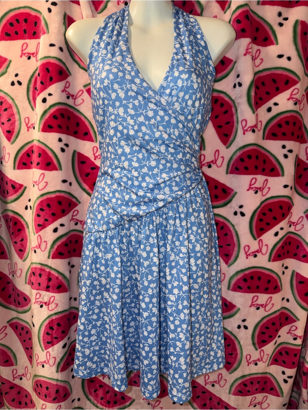 🩵🤍 Floral Halter Wrap Midi Dress with Asymmetrical Drop Waist
